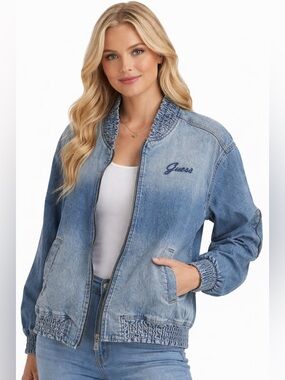 GUESS WMN M Comfy Casual Denim Bomber Jacket Streetwear Logo Zipper Urban Style